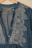 Bailey Blue Tunic Dress Women Small Blue Embroidered Roll Tab Sleeve Boho