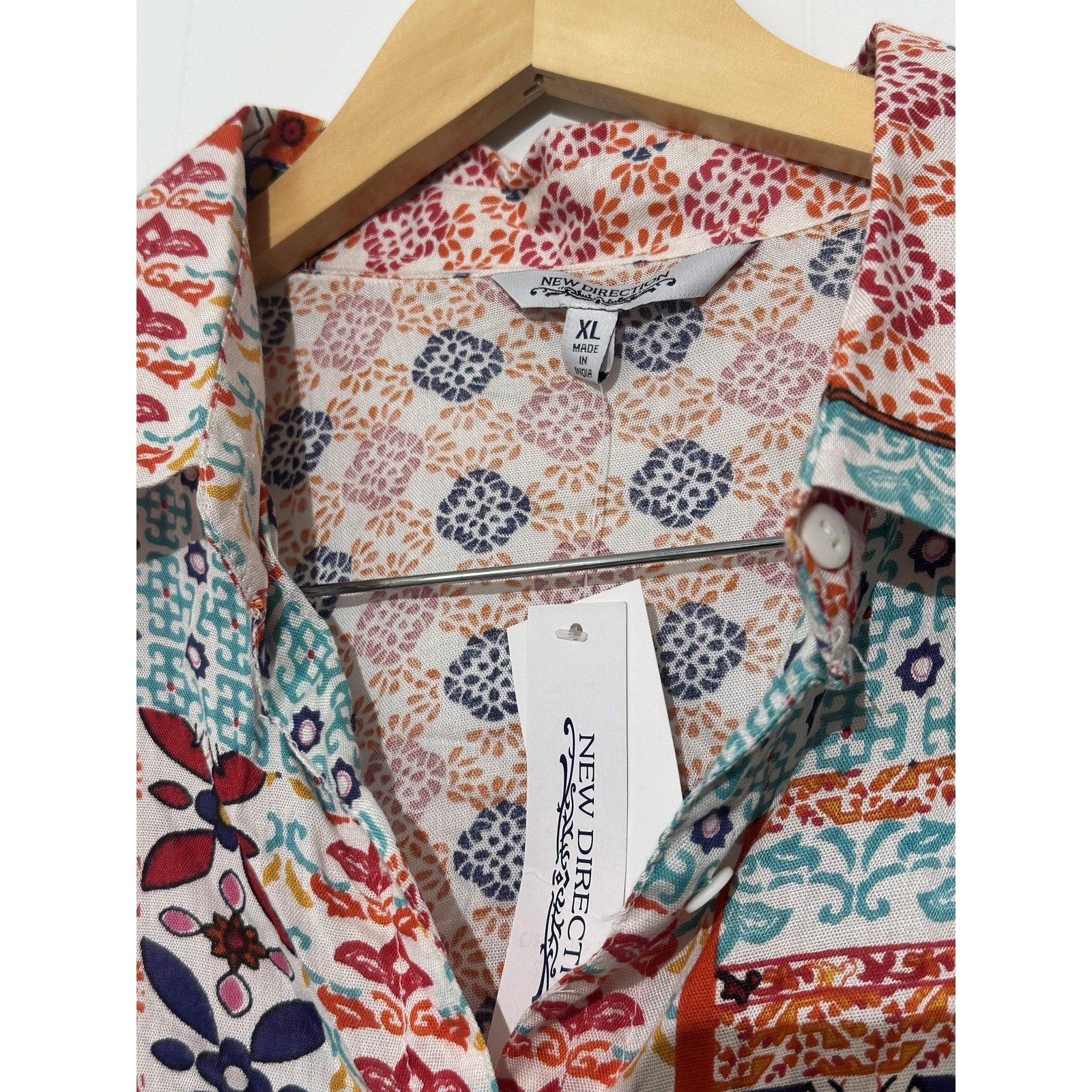 New Directions Button Up Shirt Womens XL Multicolor Boho Geometric Print Top