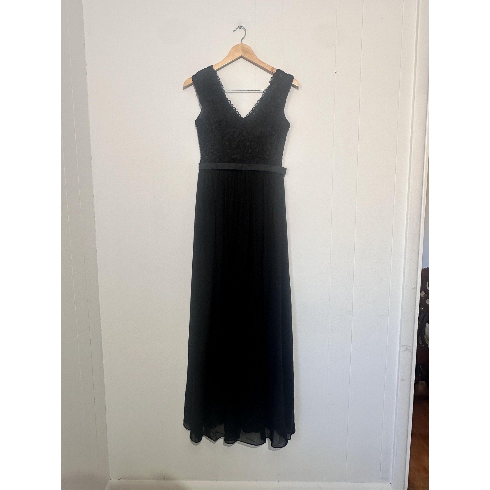 Eva Dress Womens XS Black Lace Bodice Chiffon Maxi V Neck Formal Gown Evening