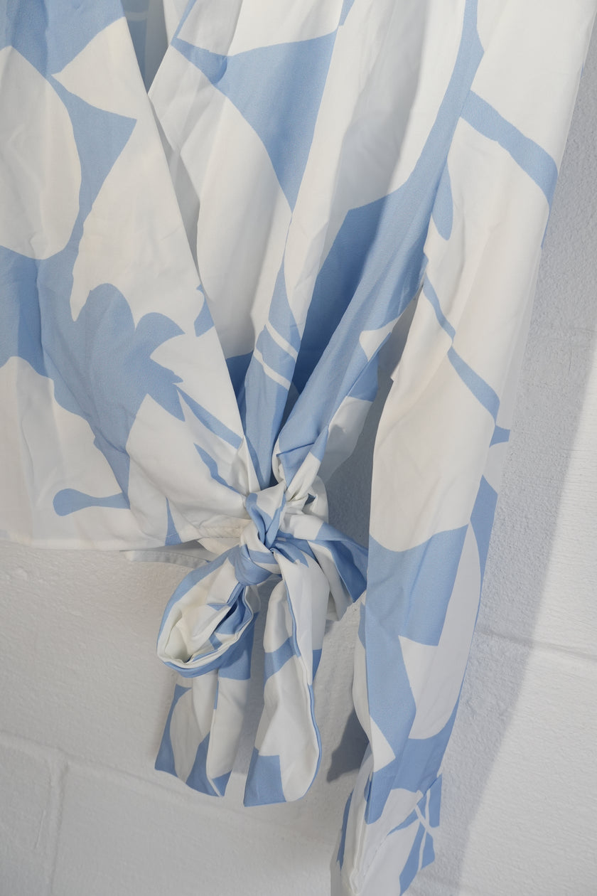 SHEIN Wrap Blouse Women Large Blue White Floral Abstract Long Sleeve Tie Top