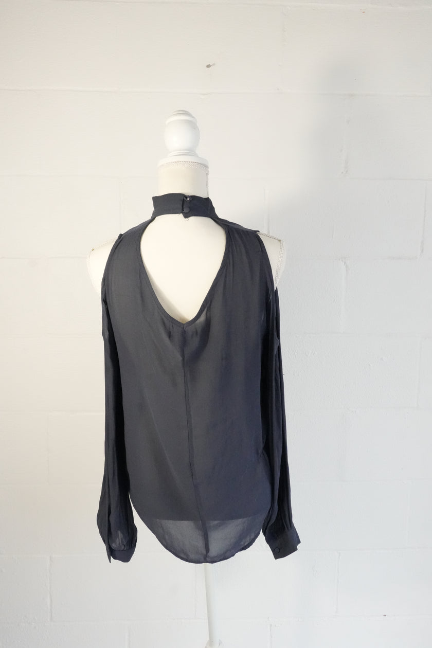 Mono B Cold Shoulder Shear Blouse Medium Gray Mock Neck Pleated Backless Top