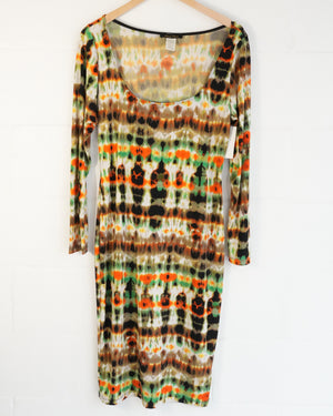 Sexy Diva Bodycon Dress Women 1XL Multicolor Tie Dye Long Sleeve Scoop Neck