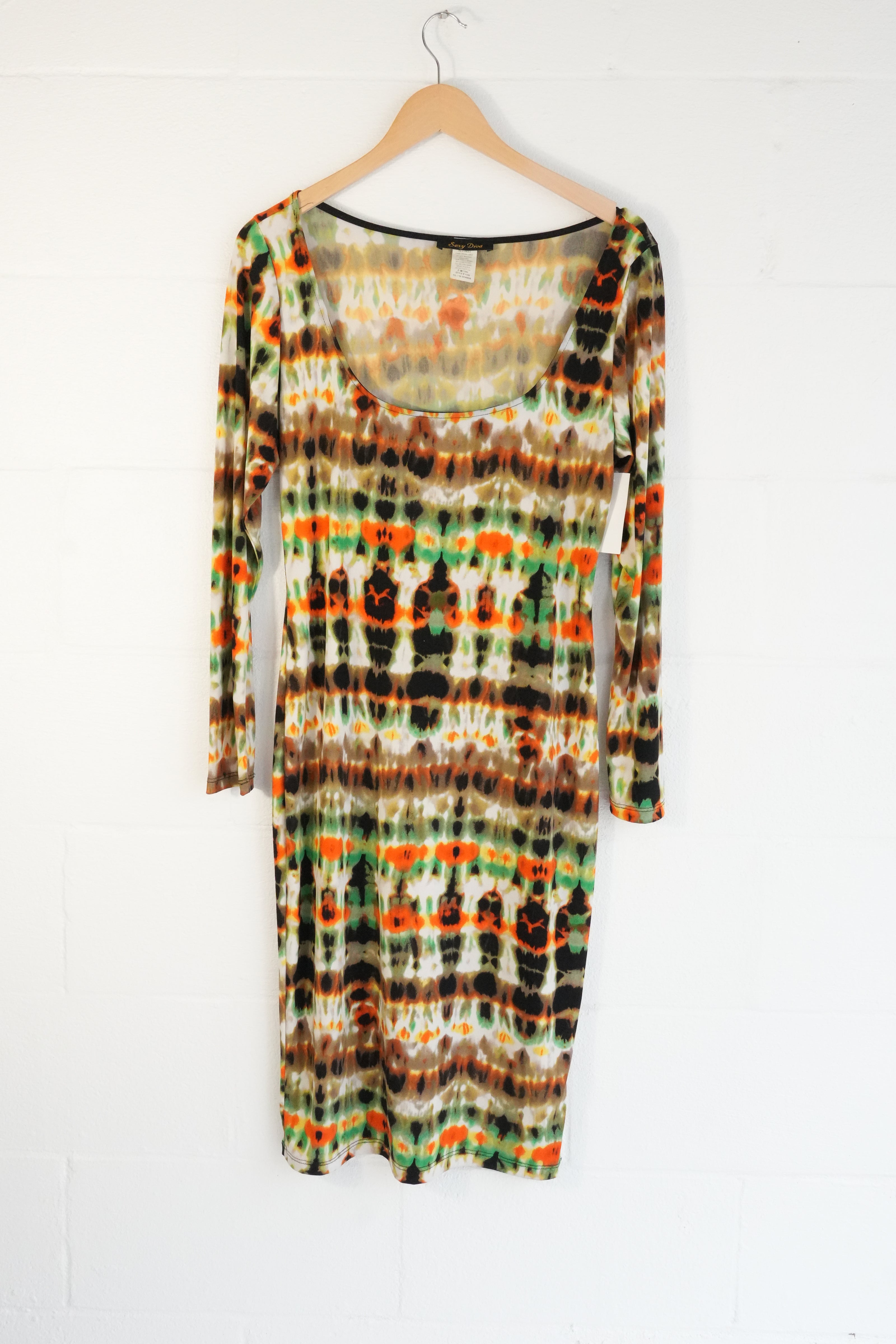 Sexy Diva Bodycon Dress Women 1XL Multicolor Tie Dye Long Sleeve Scoop Neck