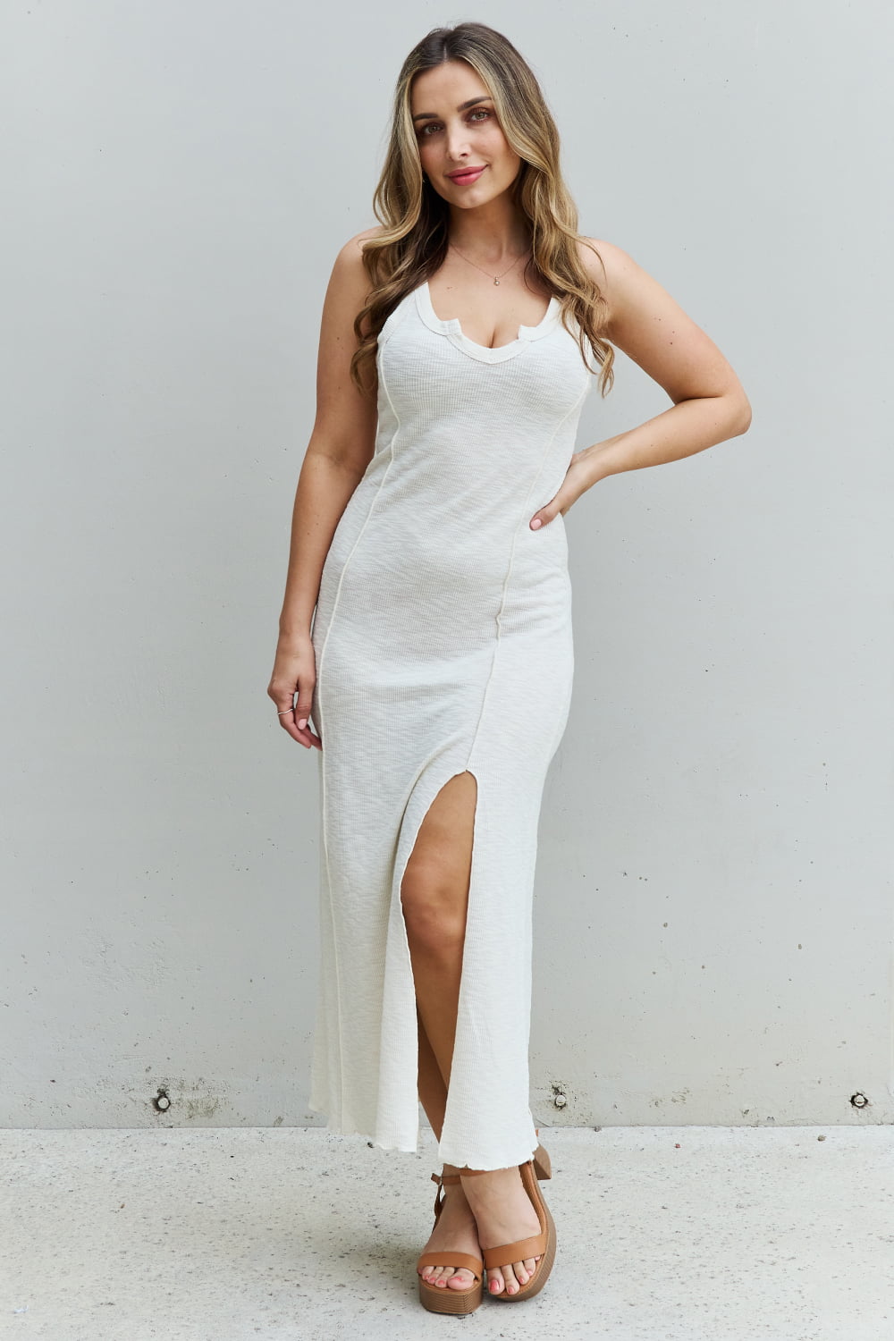 Culture Code Look At Me Full Size Notch Neck Maxi Dress with Slit in Ivory (In-Store)