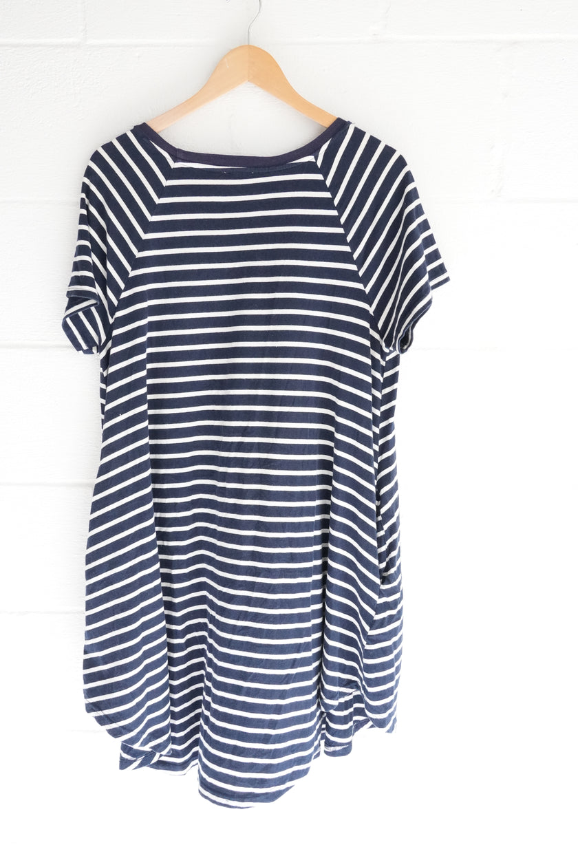 Umgee USA Womens Large Navy Blue White Striped Raglan Short Sleeve T-Shirt Dress