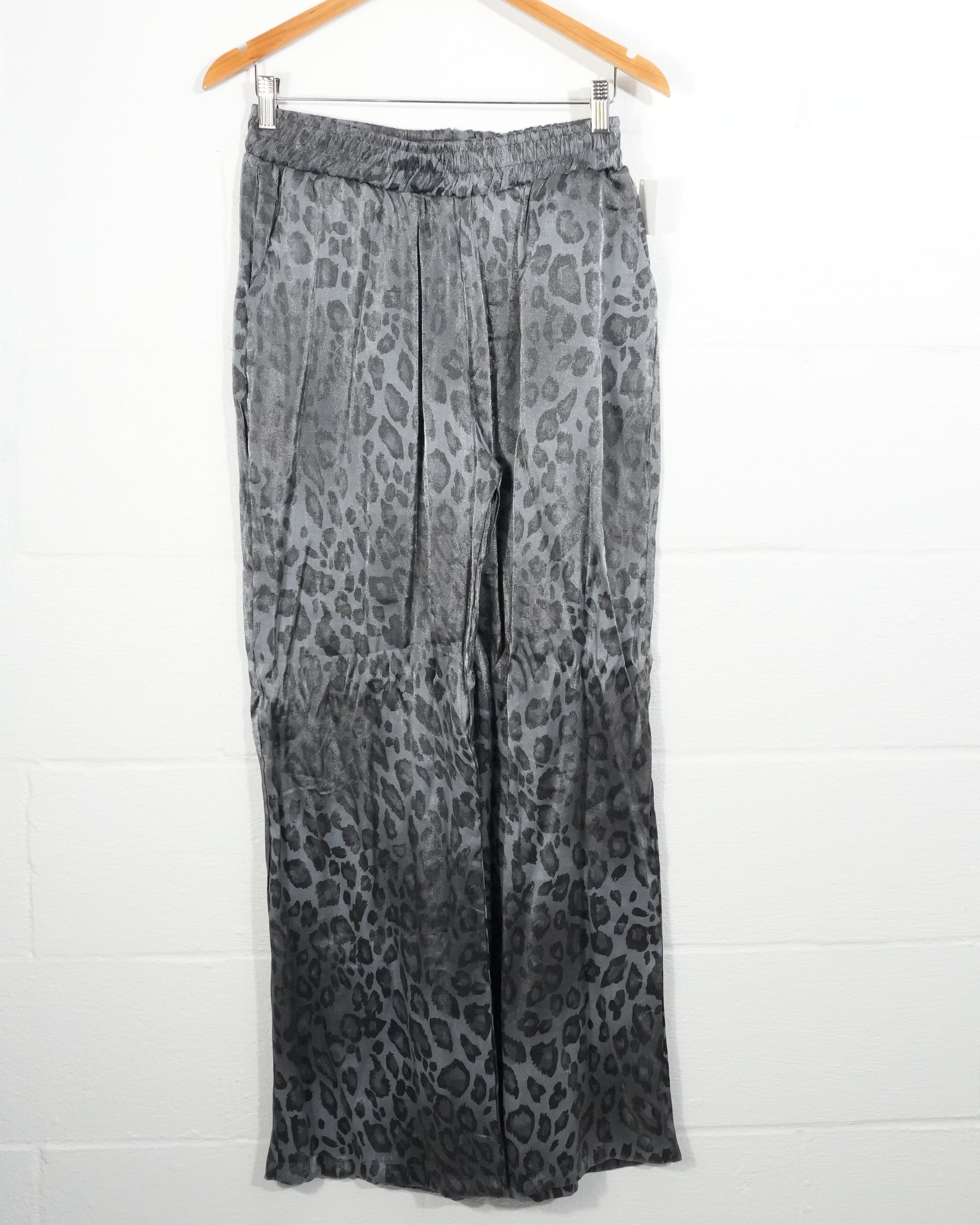 New Roni Wide Leg Pants Women Extra Large Gray Leopard Print Metallic Elastic