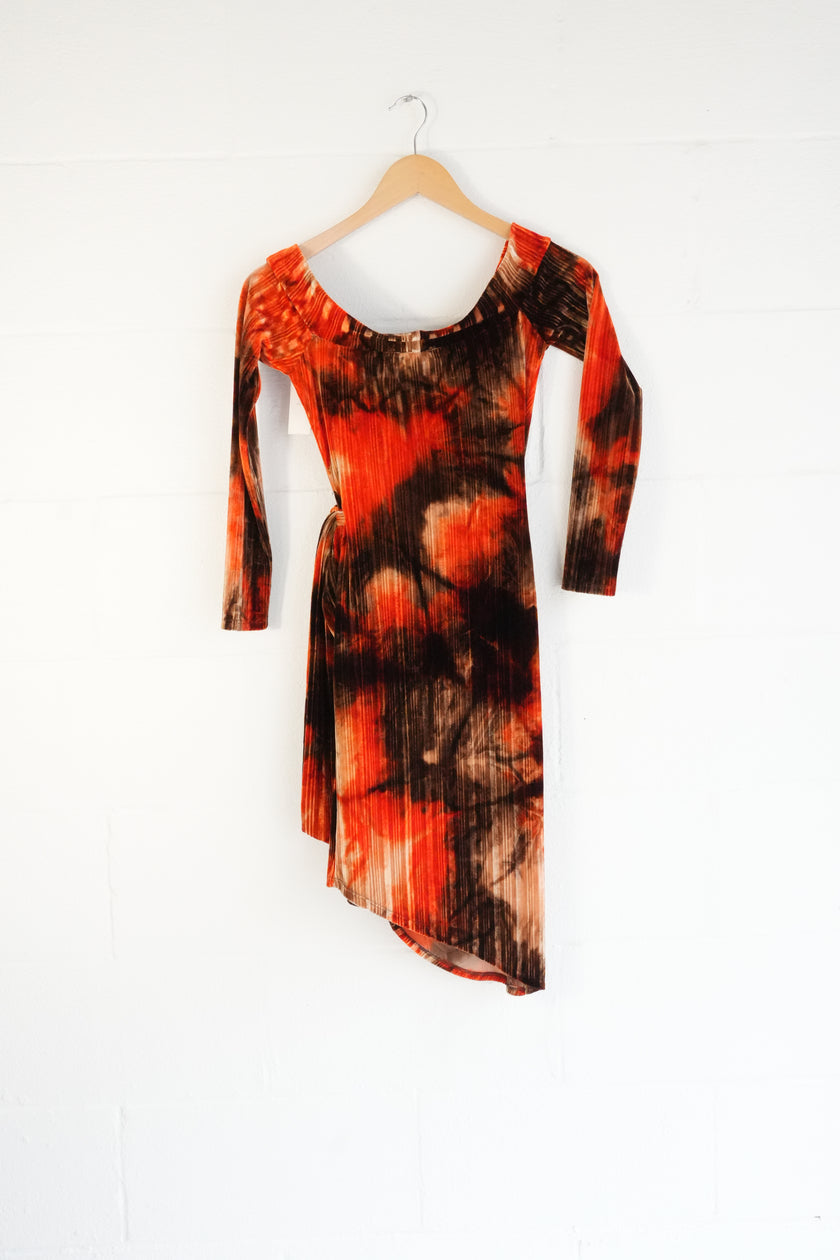 Monaco Velvet Wrap Dress Womens Small Orange Brown Off Shoulder Long Sleeve