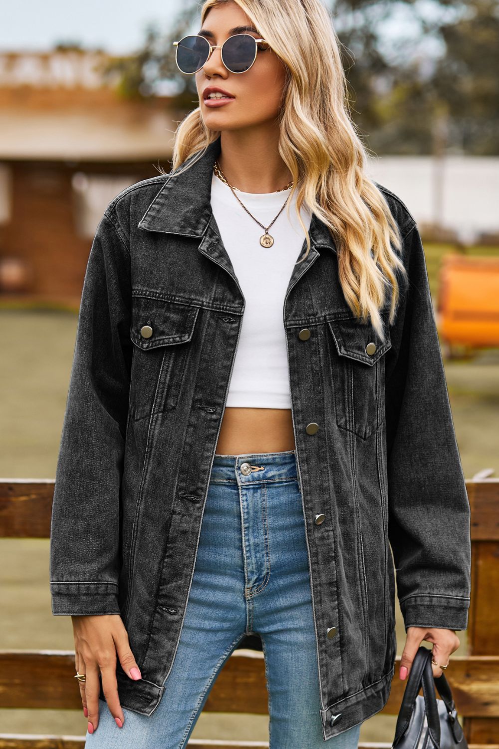 Buttoned Collared Neck Denim Jacket with Pockets (In-Store)