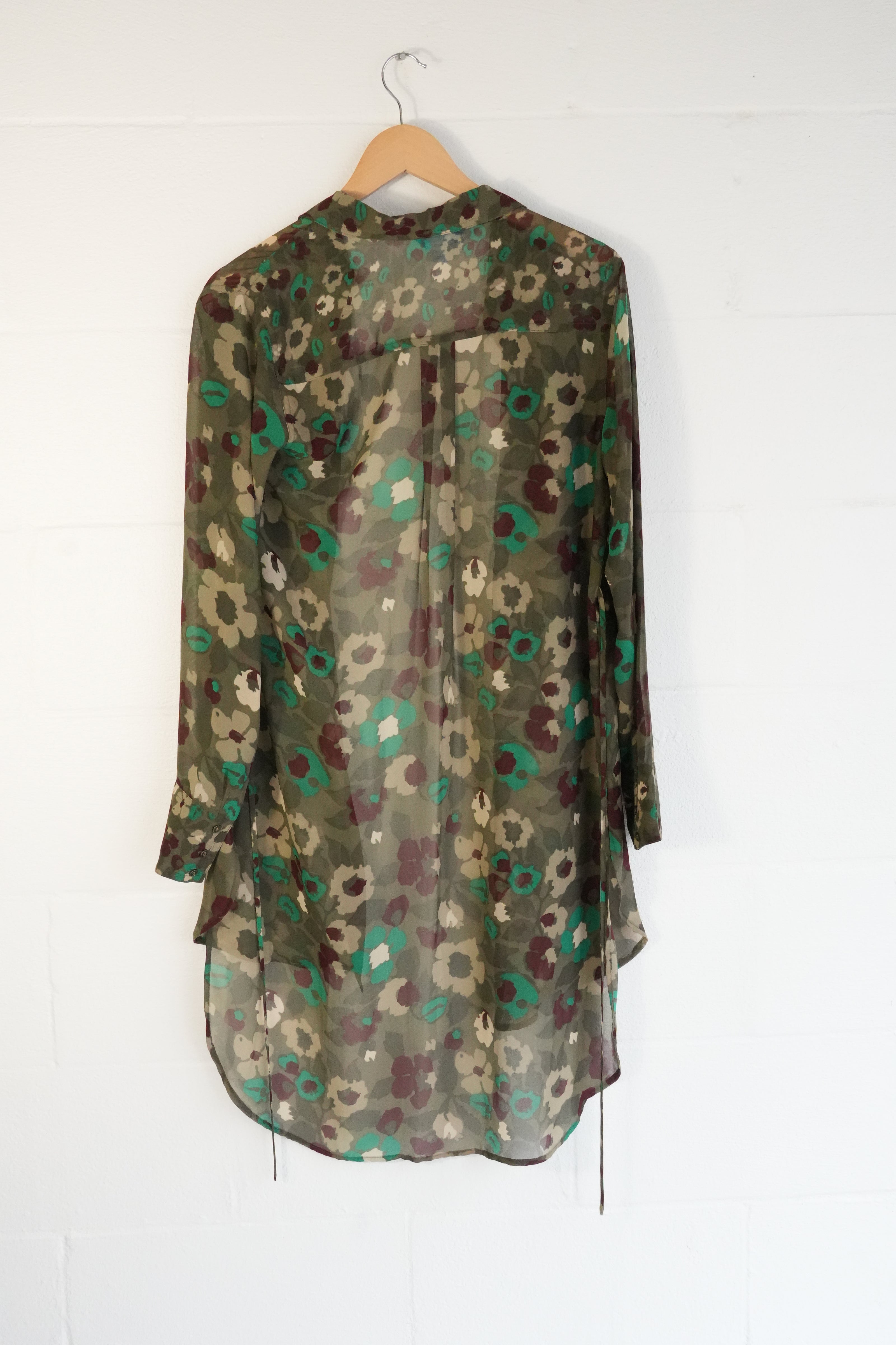 L'Amour Nanette Lepore Floral Button Down Tunic Women Medium Green Sheer