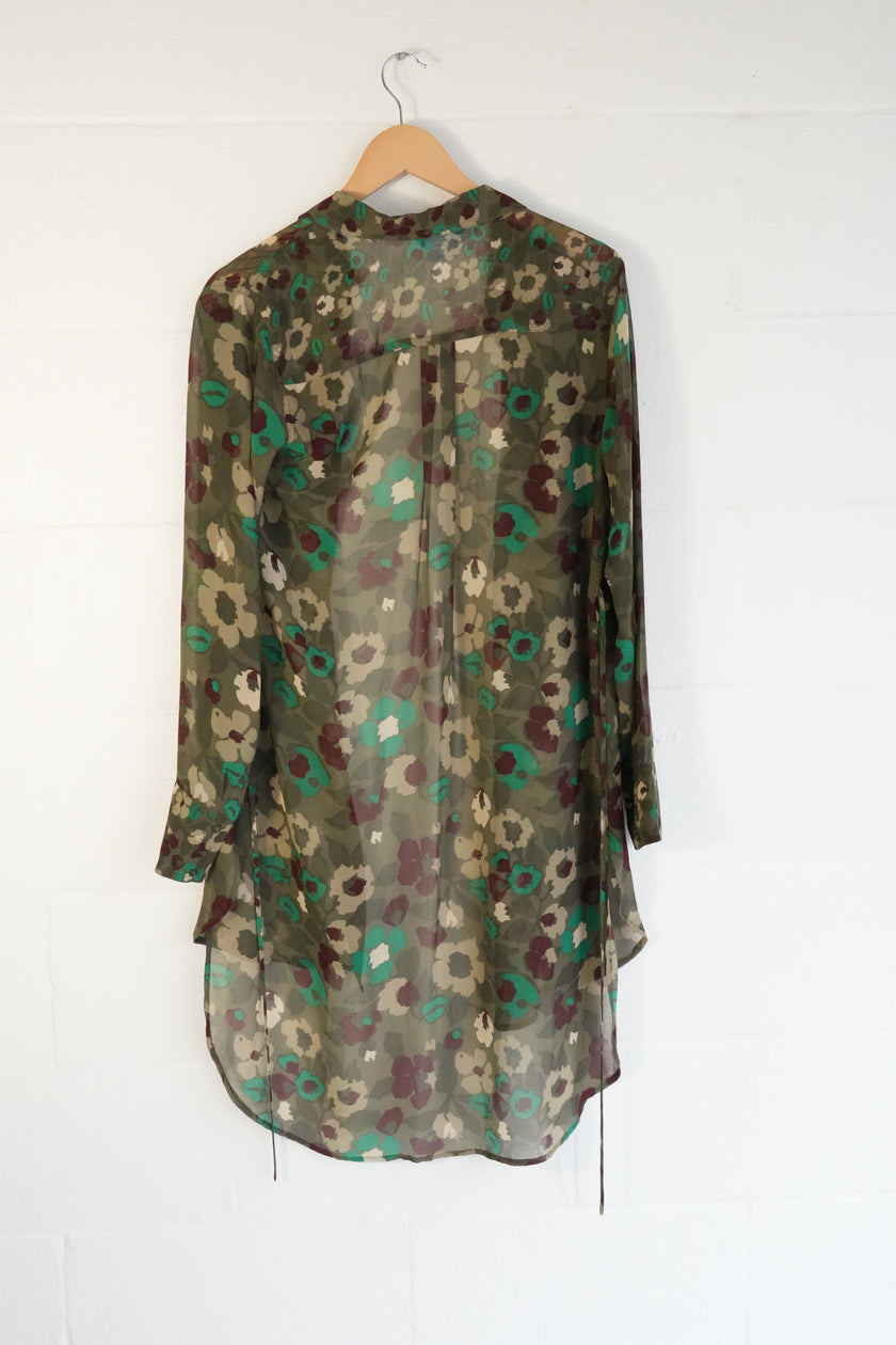 L'Amour Nanette Lepore Floral Button Down Tunic Women Medium Green Sheer