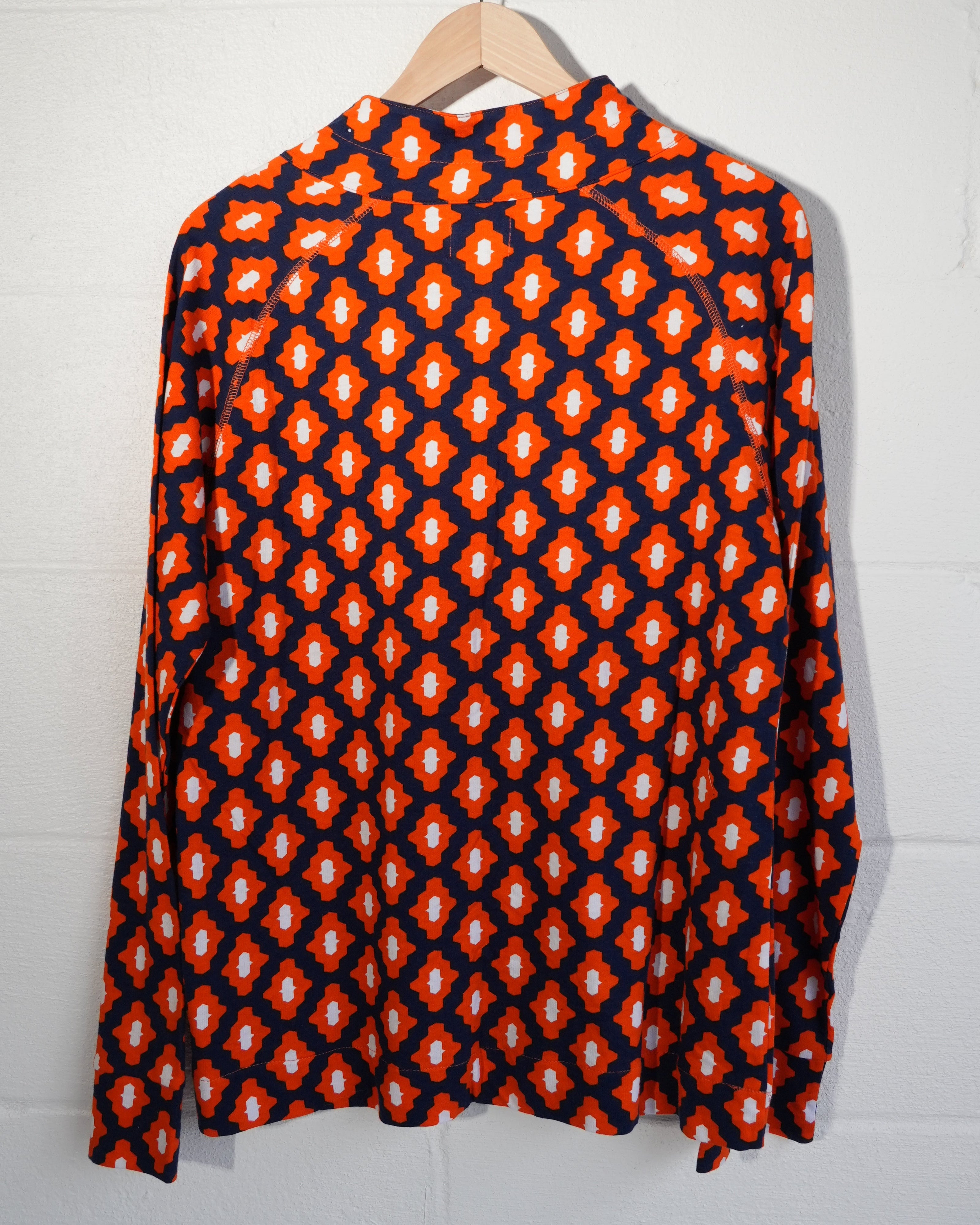 Mud Pie Quarter Zip Pullover Women Large Orange Navy Blue Geometric Print