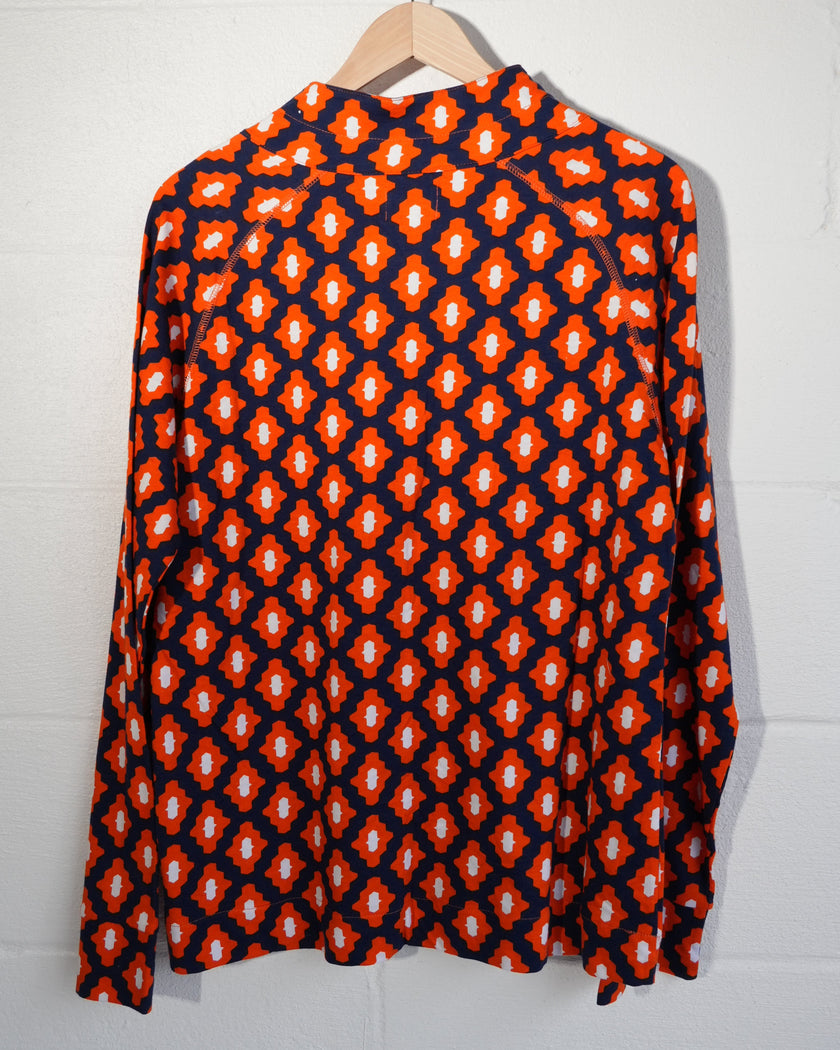Mud Pie Quarter Zip Pullover Women Large Orange Navy Blue Geometric Print