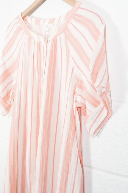 Time and Tru Double Cloth Midi Dress Women Large Coral Peony Striped Button