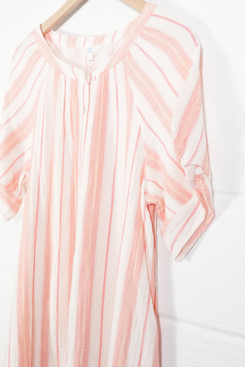 Time and Tru Double Cloth Midi Dress Women Large Coral Peony Striped Button