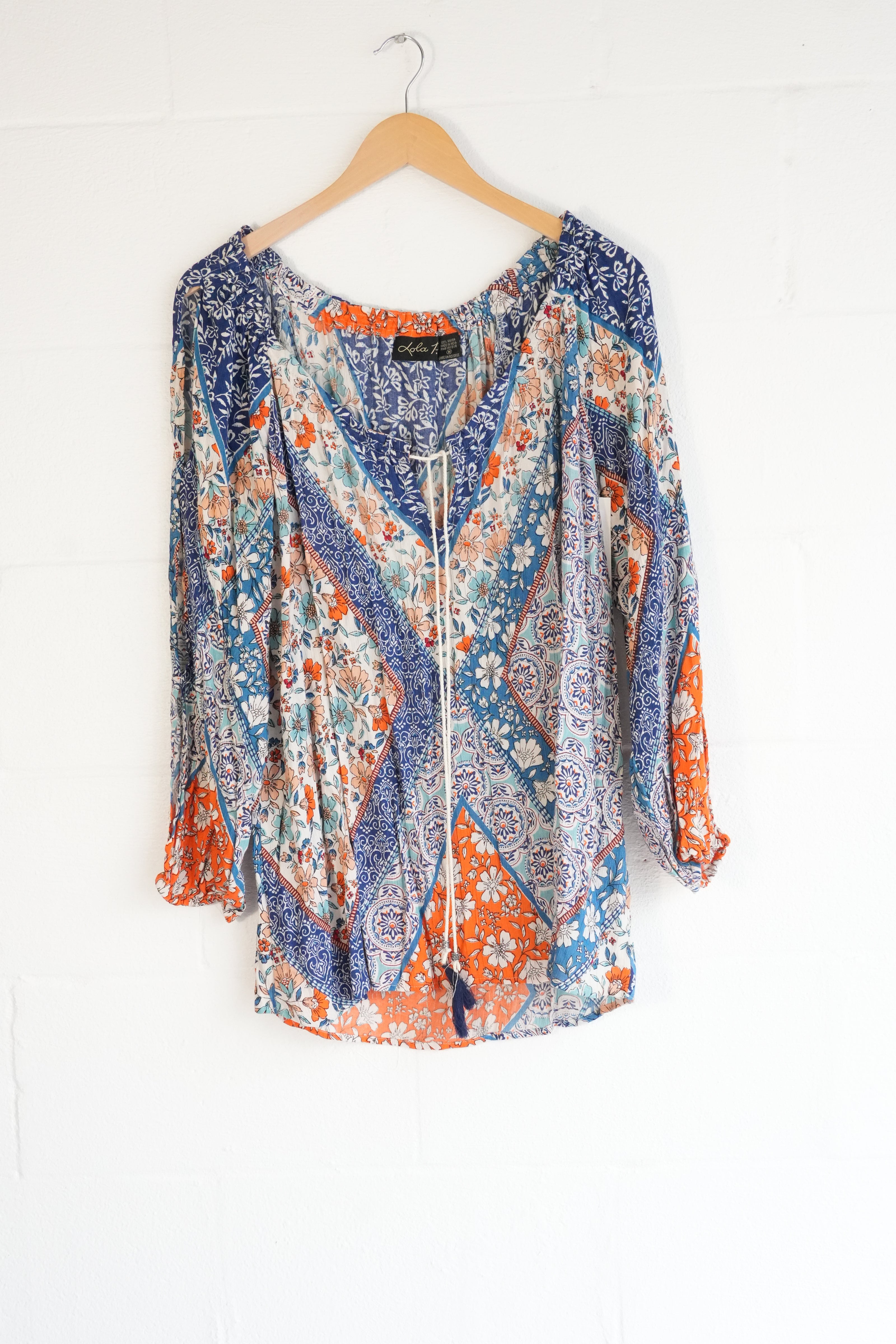 Lola P. Patchwork Floral Blouse Women Medium Blue Orange Boho Tassel Top