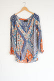 Lola P. Patchwork Floral Blouse Women Medium Blue Orange Boho Tassel Top
