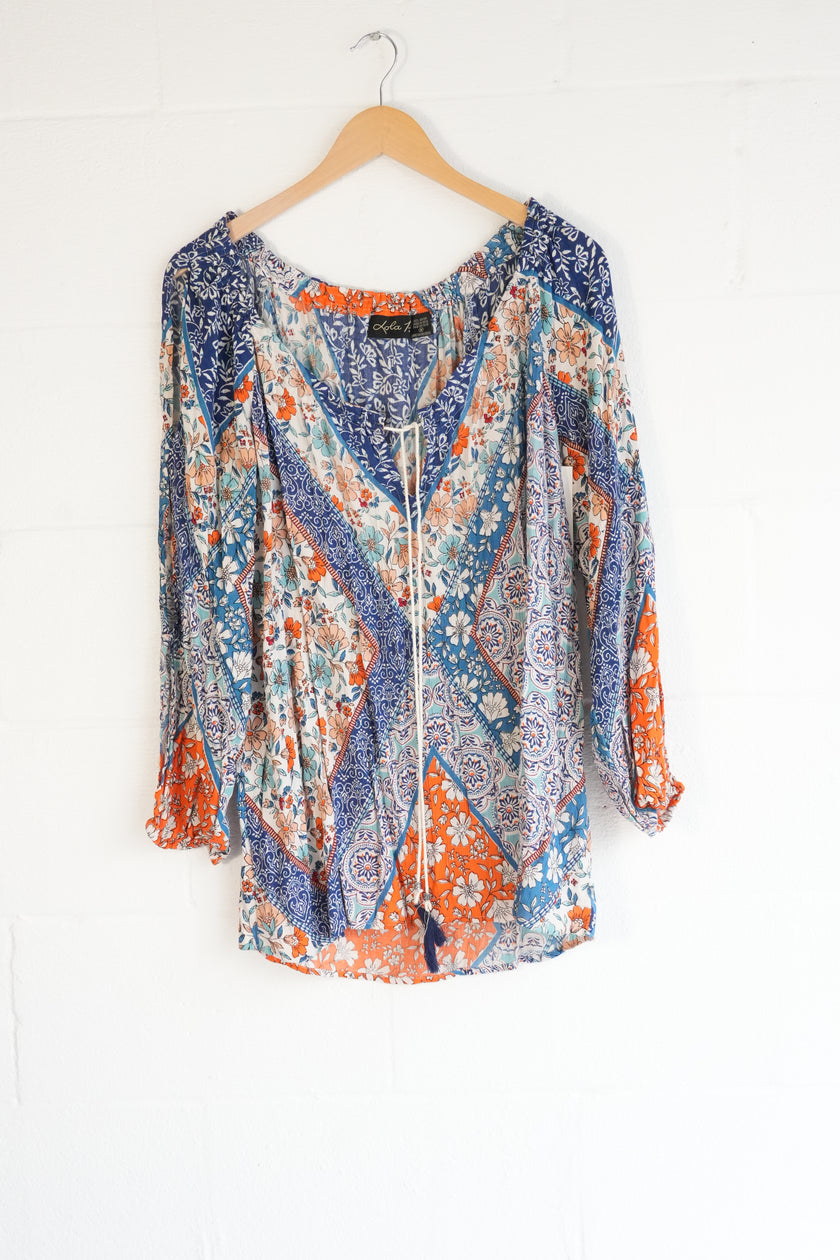 Lola P. Patchwork Floral Blouse Women Medium Blue Orange Boho Tassel Top