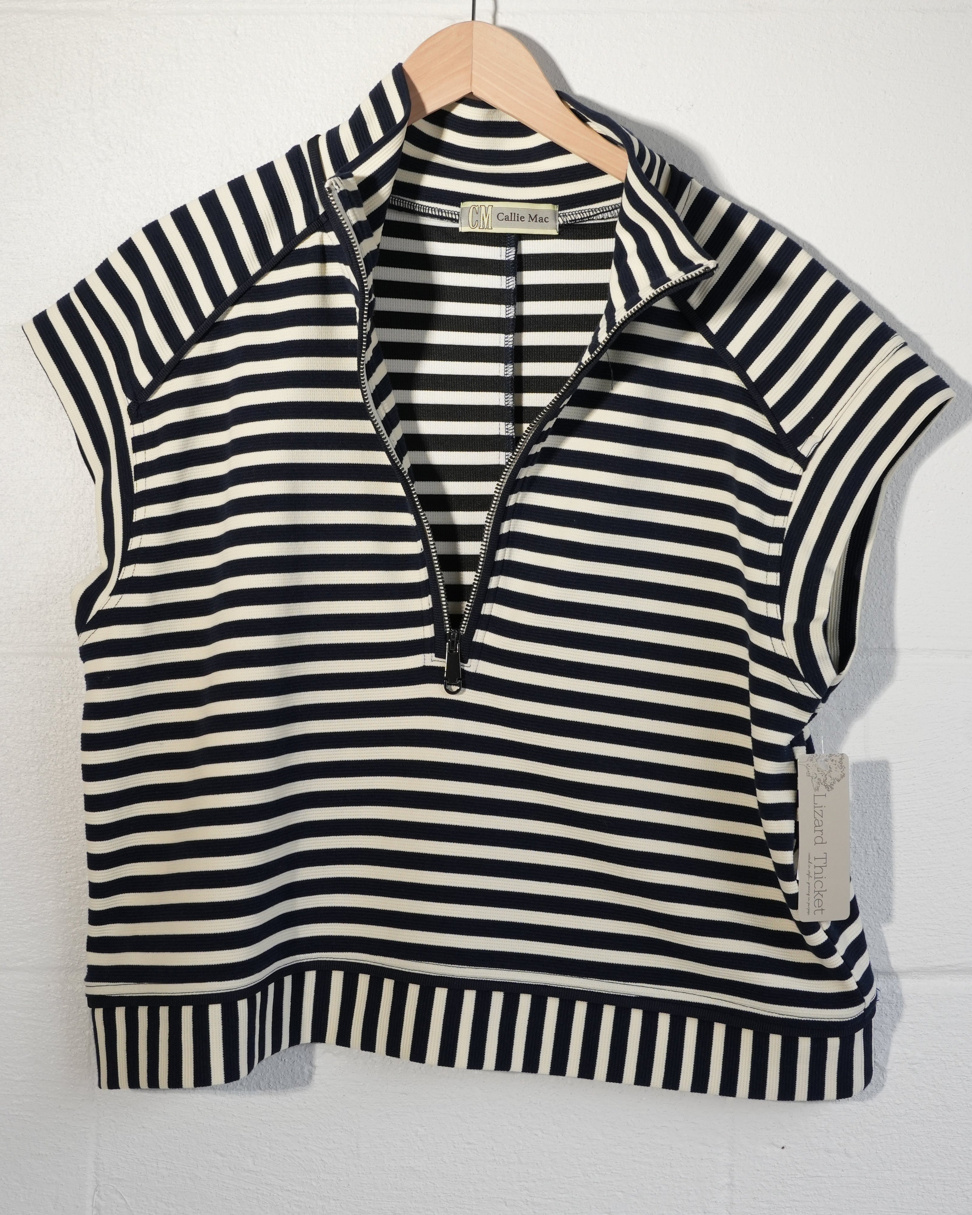 Callie Mac Striped Quarter Zip Vest Womens Large Navy White Sleeveless Top