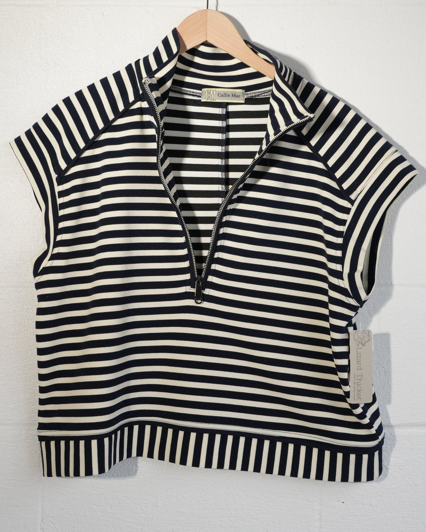 Callie Mac Striped Quarter Zip Vest Womens Large Navy White Sleeveless Top
