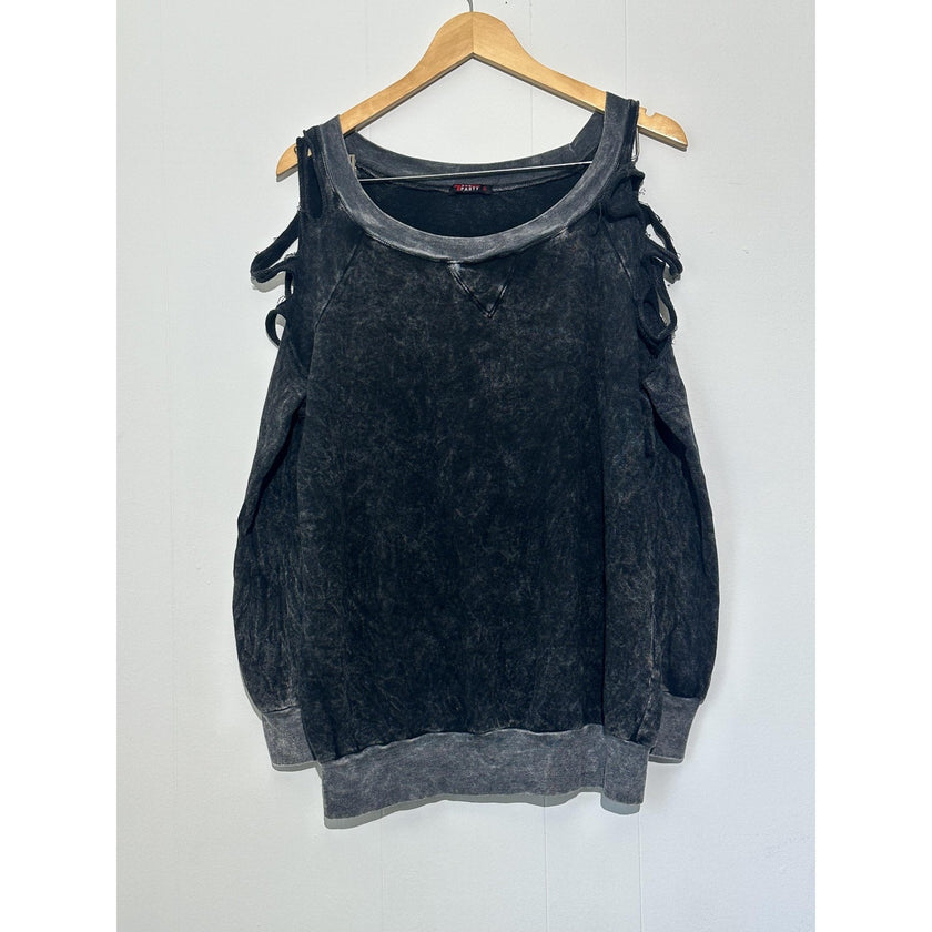 Cold Shoulder Sweatshirt Womens Medium Black Strap Acid Wash Distressed