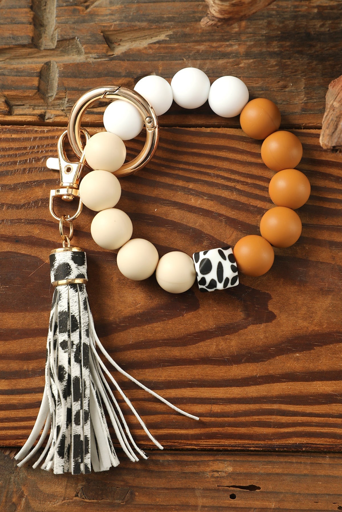 The Press Multicolor Silicone Beads Bracelet Leopard Tassel Keyring (in-store)
