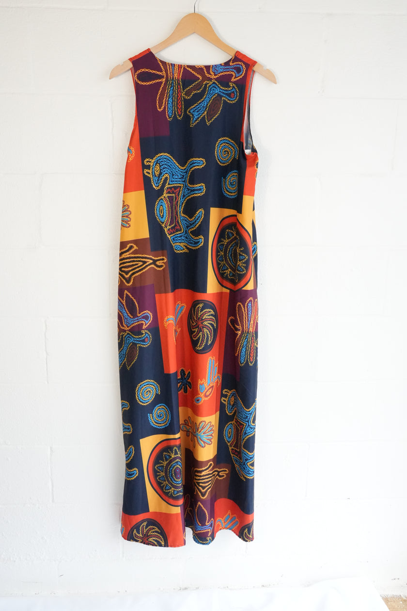 Abstract Print Maxi Dress Women Medium Orange Geometric Sleeveless