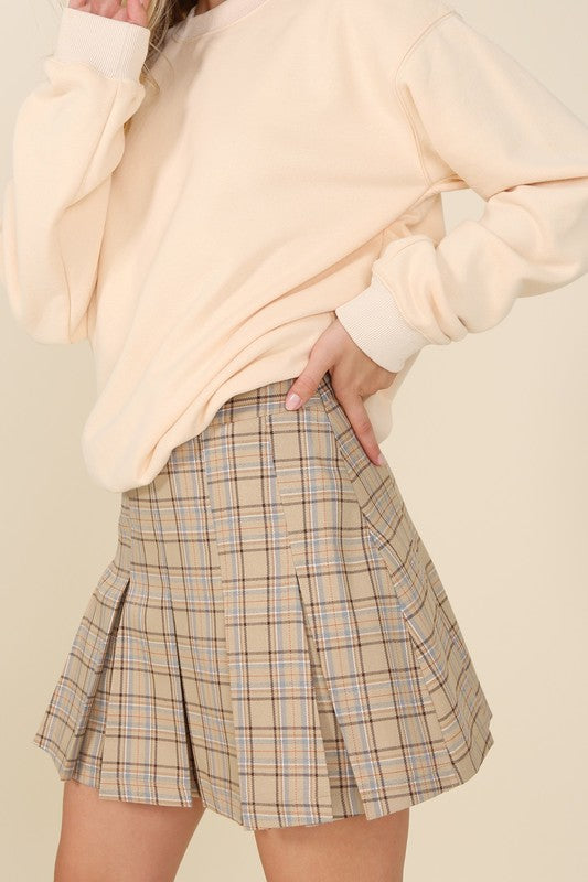 Plaid Pleated Mini Skirt with Pin-Tuck Detail