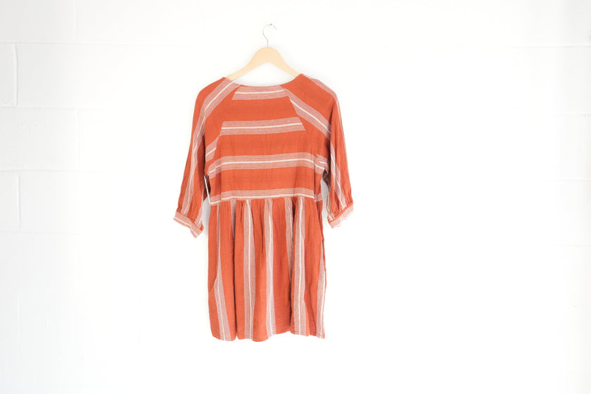Entro Women Rust Terracotta Striped Babydoll Tunic Dress 3/4 Sleeve Large