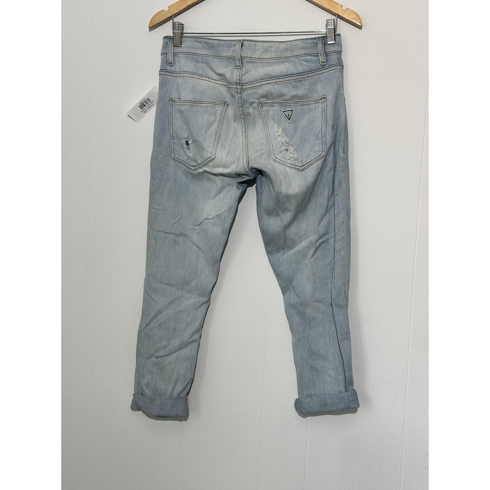 Guess Boyfriend Jeans Womens smallBlue Light Wash Distressed Cuffed Mid Rise