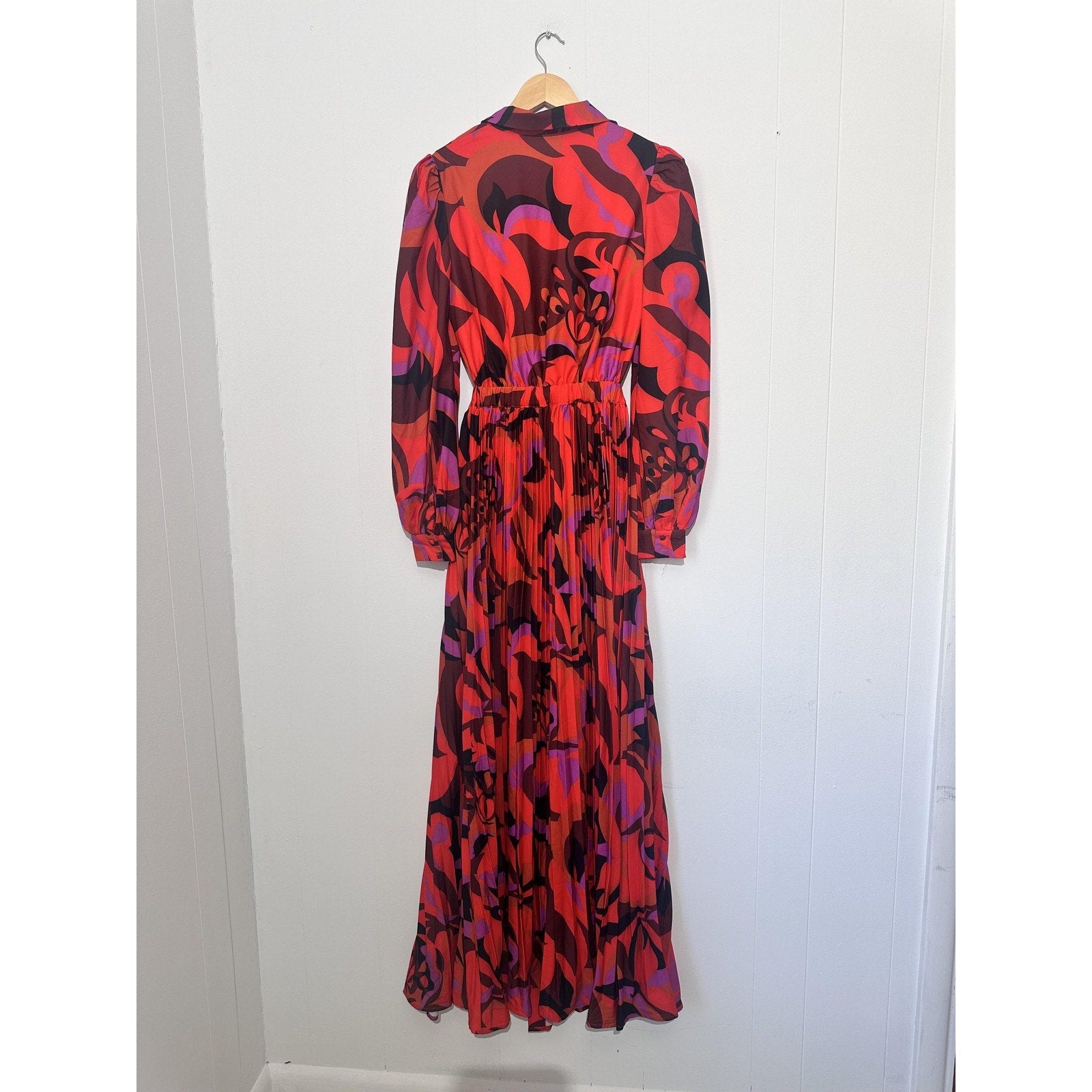 Dress Womens Medium Red Geometric Cut Out Tie Front Maxi 70s Boho Long Sleeve