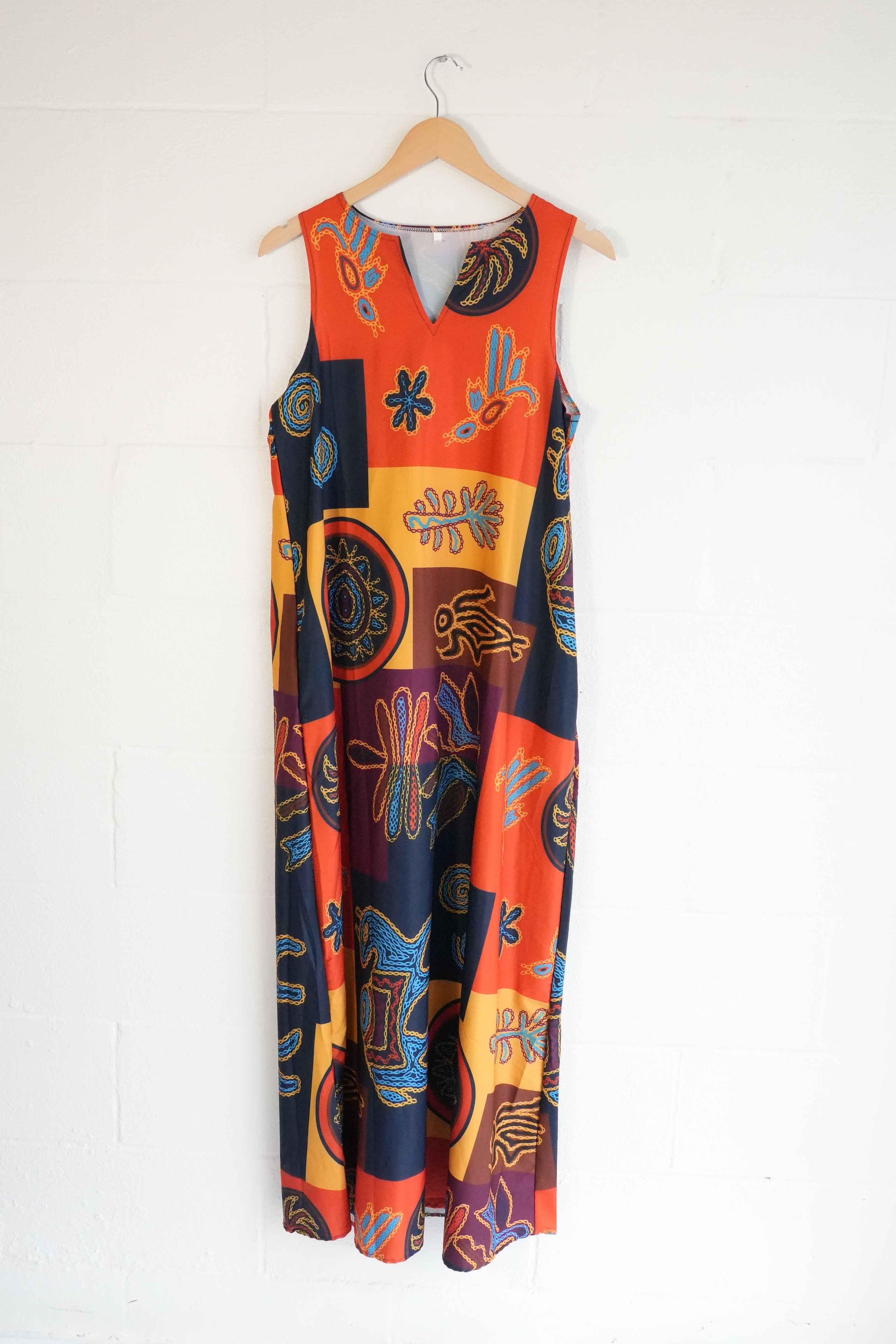 Abstract Print Maxi Dress Women Medium Orange Geometric Sleeveless
