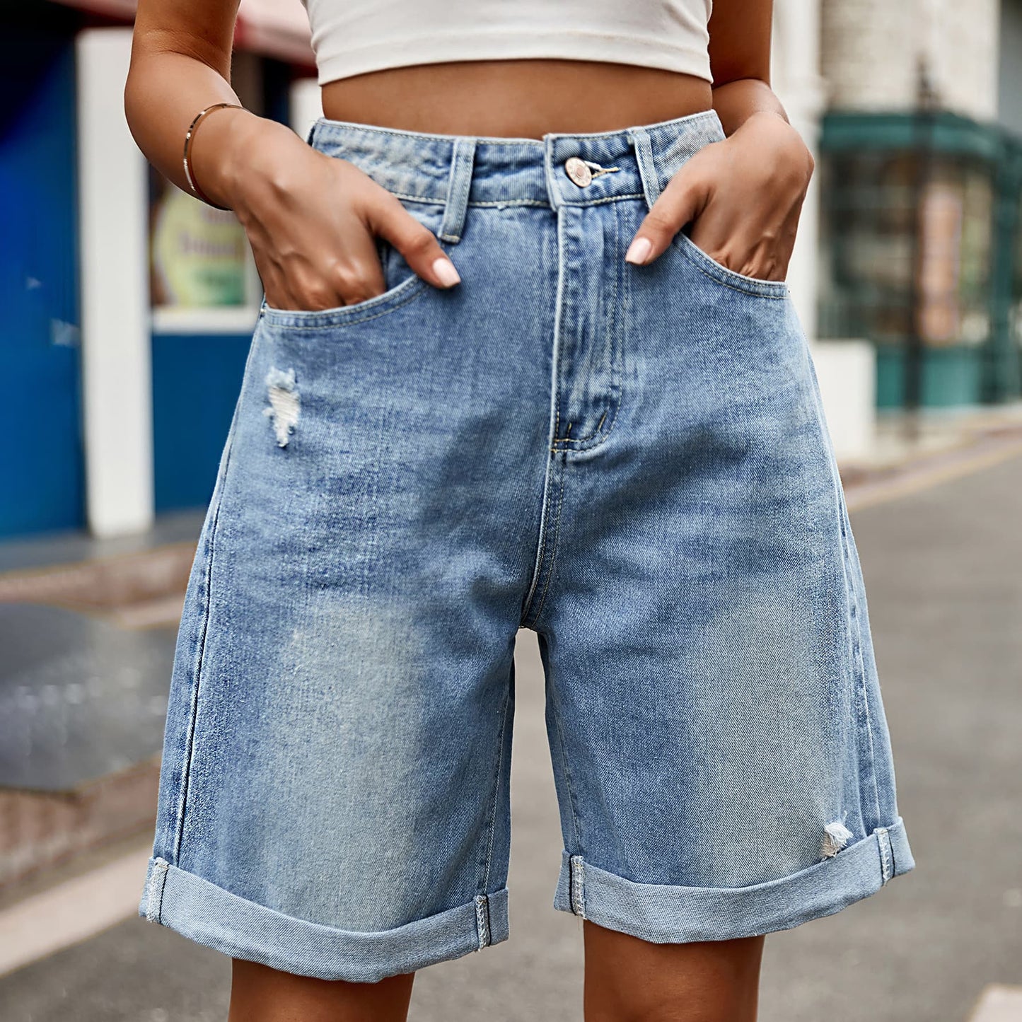 Distressed Buttoned Denim Shorts with Pockets (In-Store)