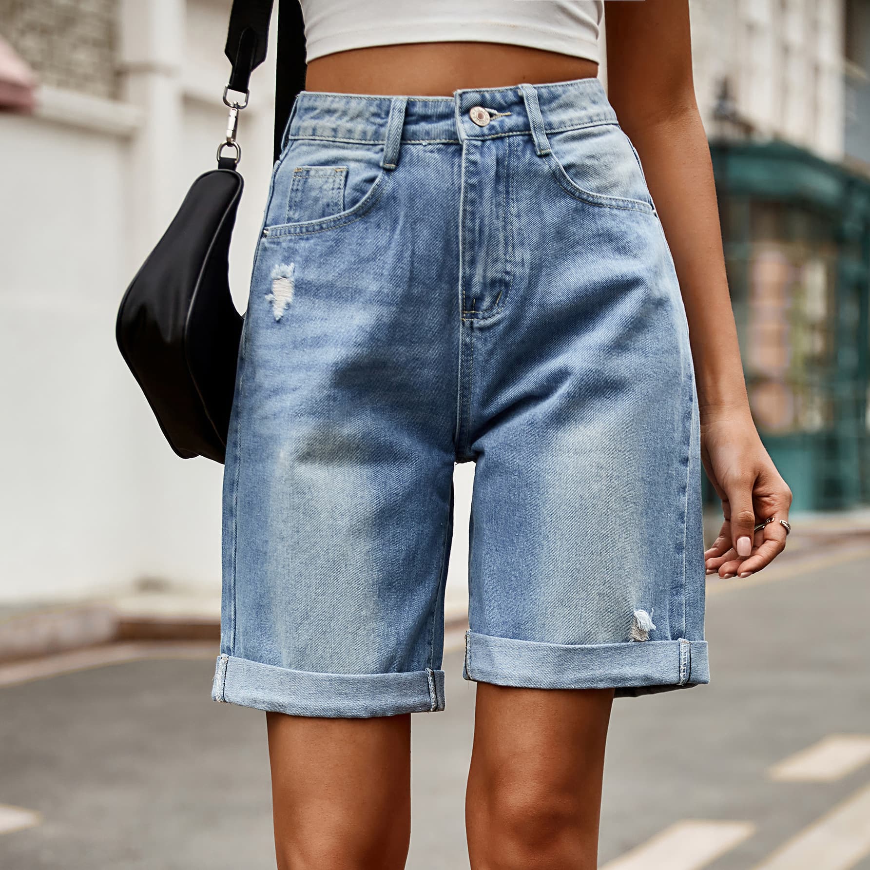 Distressed Buttoned Denim Shorts with Pockets (In-Store)