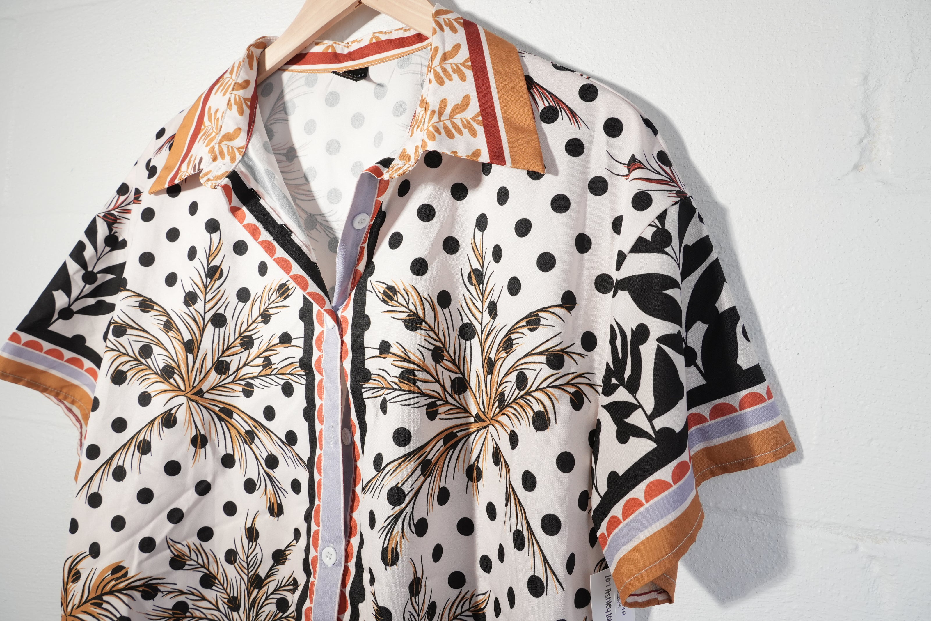 Emery Rose Button Up Shirt Women Large White Tropical Palm Tree Polka Dot Print