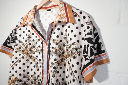 Emery Rose Button Up Shirt Women Large White Tropical Palm Tree Polka Dot Print