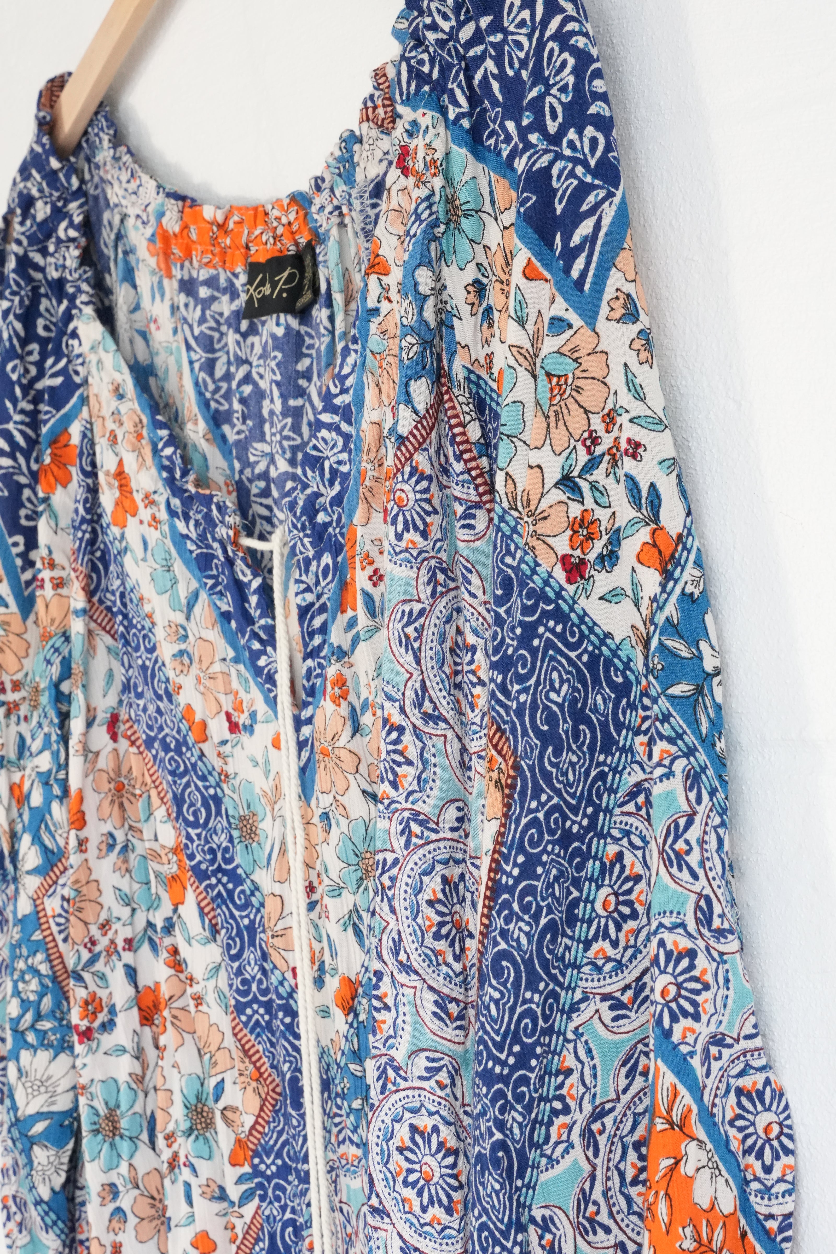Lola P. Patchwork Floral Blouse Women Medium Blue Orange Boho Tassel Top