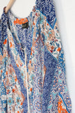 Lola P. Patchwork Floral Blouse Women Medium Blue Orange Boho Tassel Top