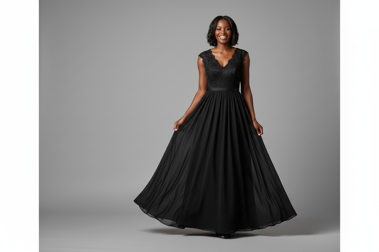 Black Lace Evening Gown on Model