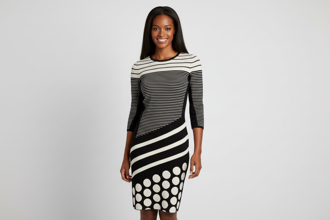 Black Striped Polka Dot Sweater Dress on Model