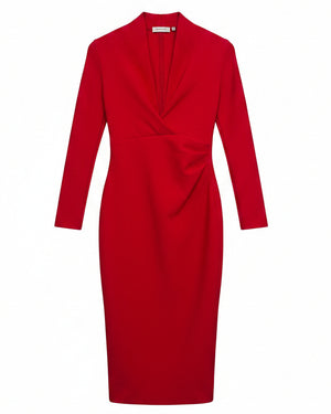 Dress Womens Medium Red V Neck Long Sleeve Ruched Sheath Midi Cocktail Party