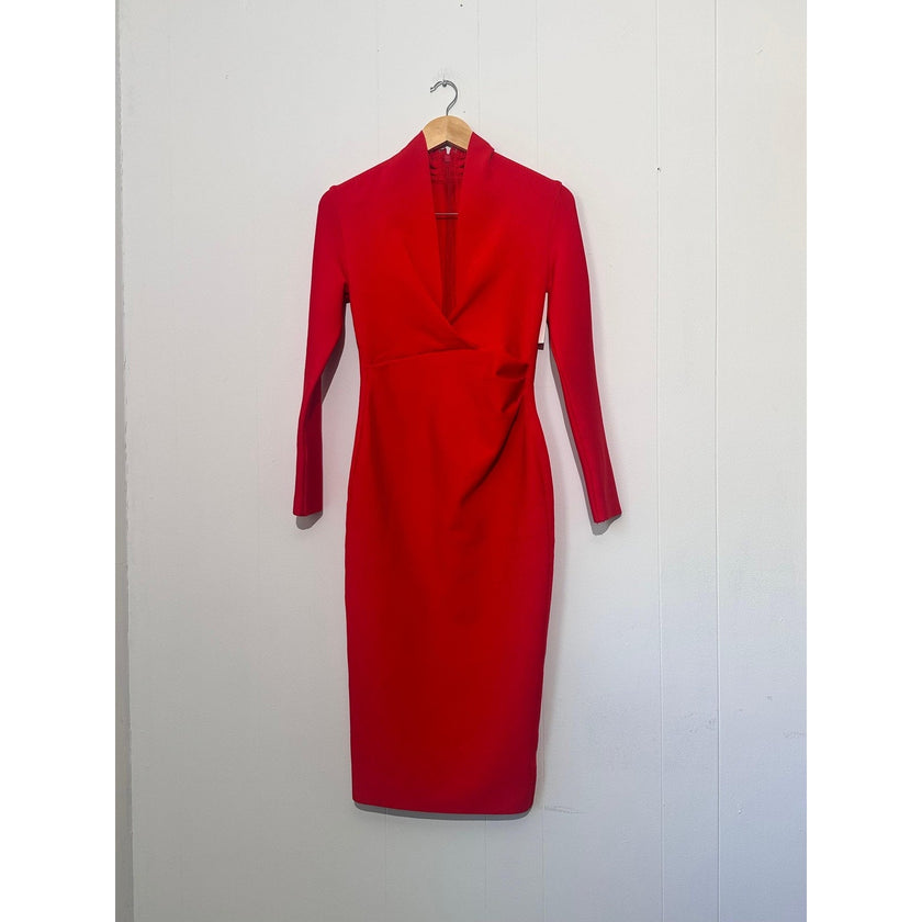 Dress Womens Medium Red V Neck Long Sleeve Ruched Sheath Midi Cocktail Party