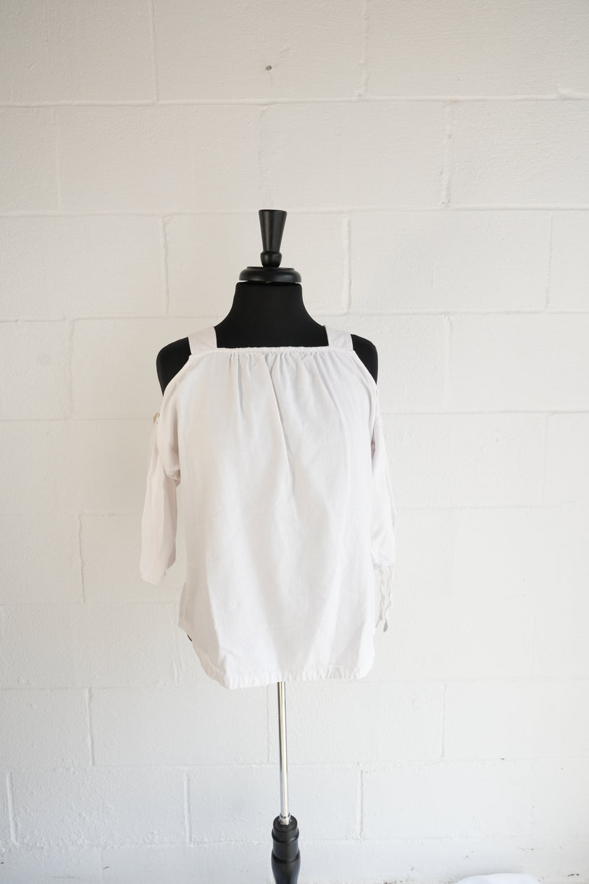 Madewell Womens XS White Cold Shoulder Tie Sleeve Blouse Square Neck Top