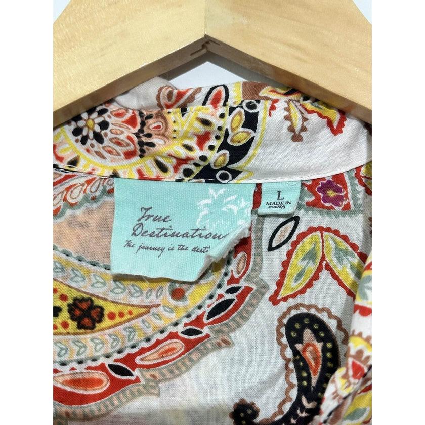 True Destination Shirt Womens Large Multicolor Paisley Button Up Tunic Boho Top