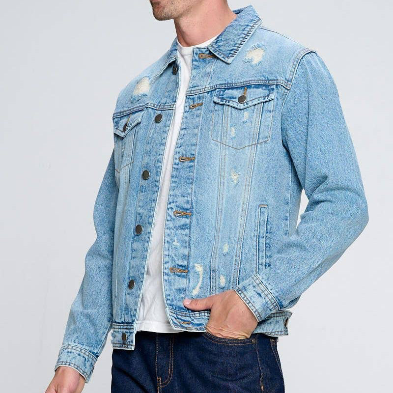 Men's Denim LIGHT WASHED Jacket with Distressing