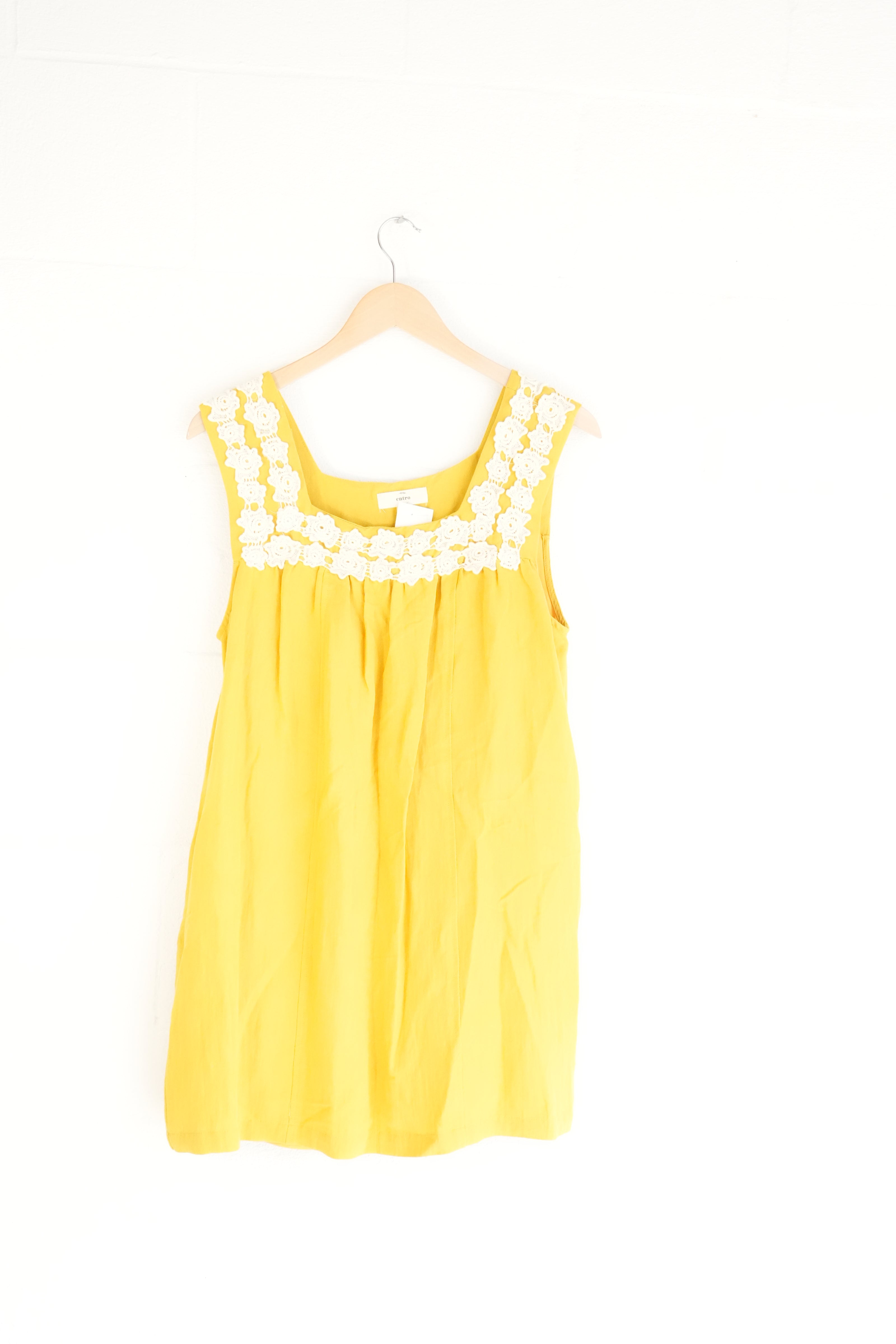 Entro Mustard Yellow Crochet Lace Trim Sleeveless Shift Dress Medium