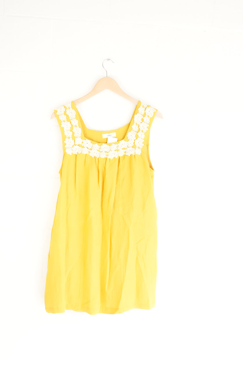 Entro Mustard Yellow Crochet Lace Trim Sleeveless Shift Dress Medium