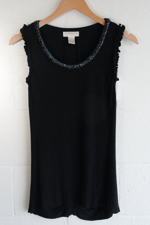Kenar Tank Top Women Large Black Beaded Neck Ruffle Sleeve Viscose Ruching