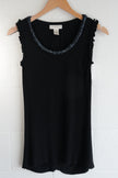Kenar Tank Top Women Large Black Beaded Neck Ruffle Sleeve Viscose Ruching