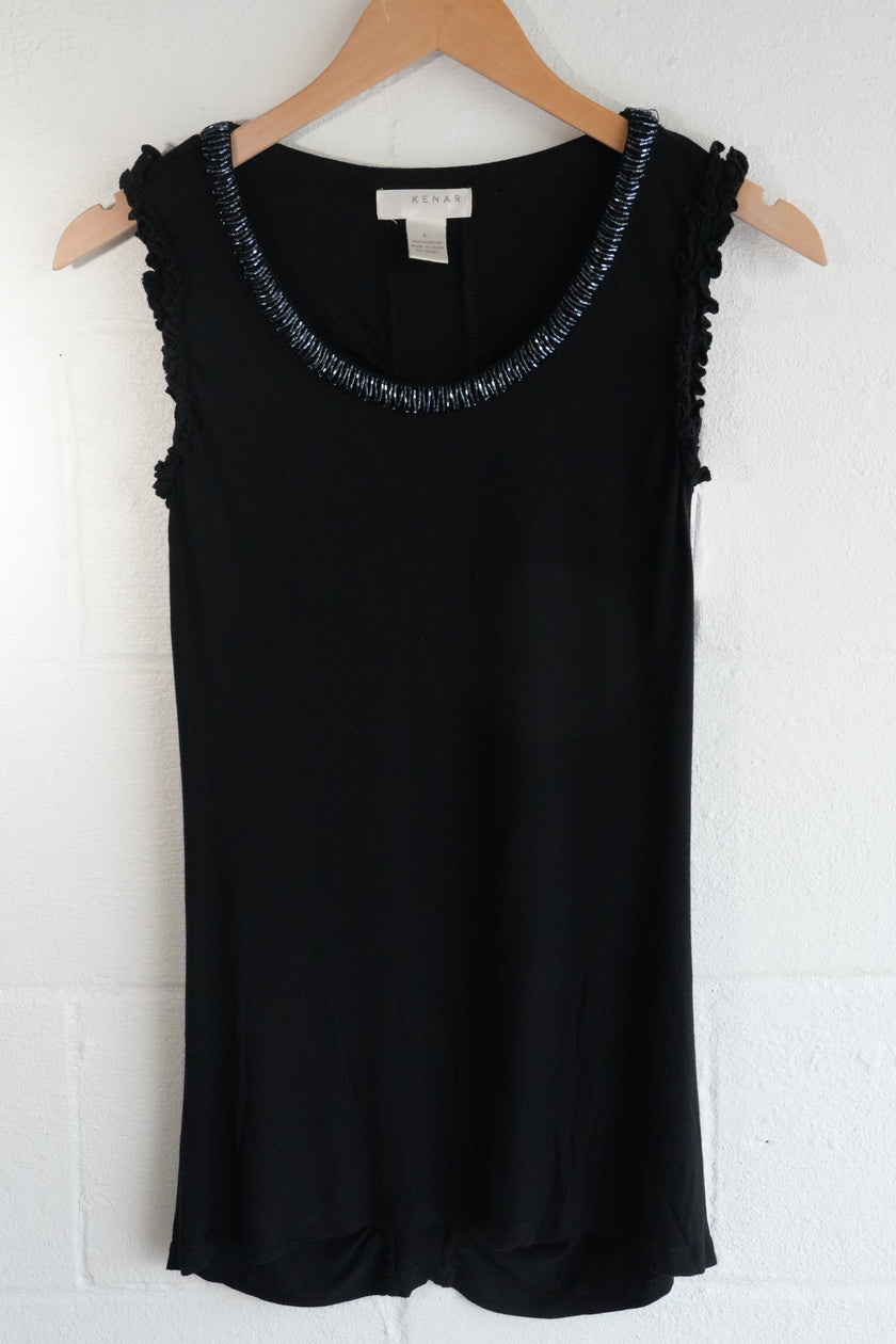 Kenar Tank Top Women Large Black Beaded Neck Ruffle Sleeve Viscose Ruching