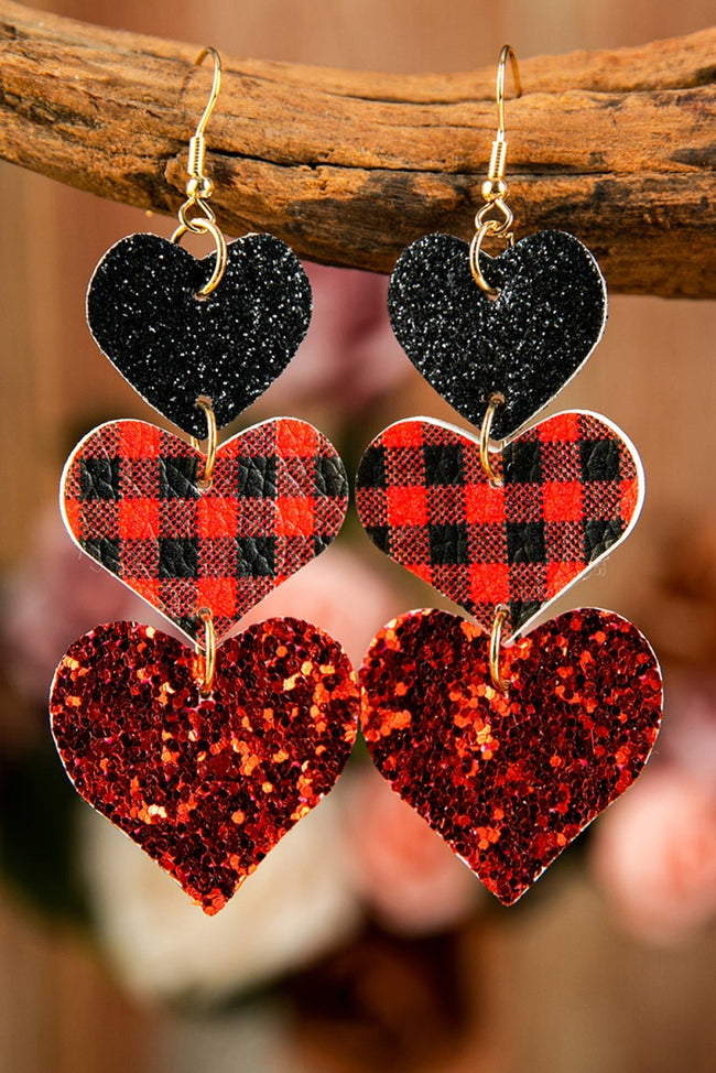 The Press Red Valentine Heart Shape Plaid Sequin Dangle Earrings (in-store)